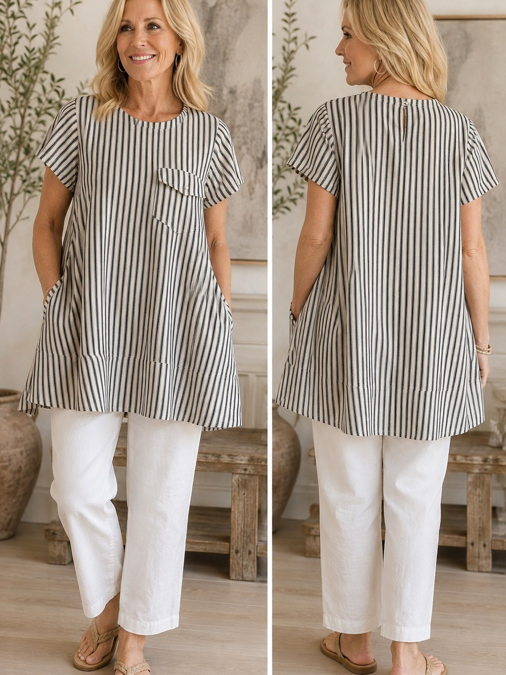 Fate Striped Oversized Tunic Top 100% Cotton NWT Cream Black